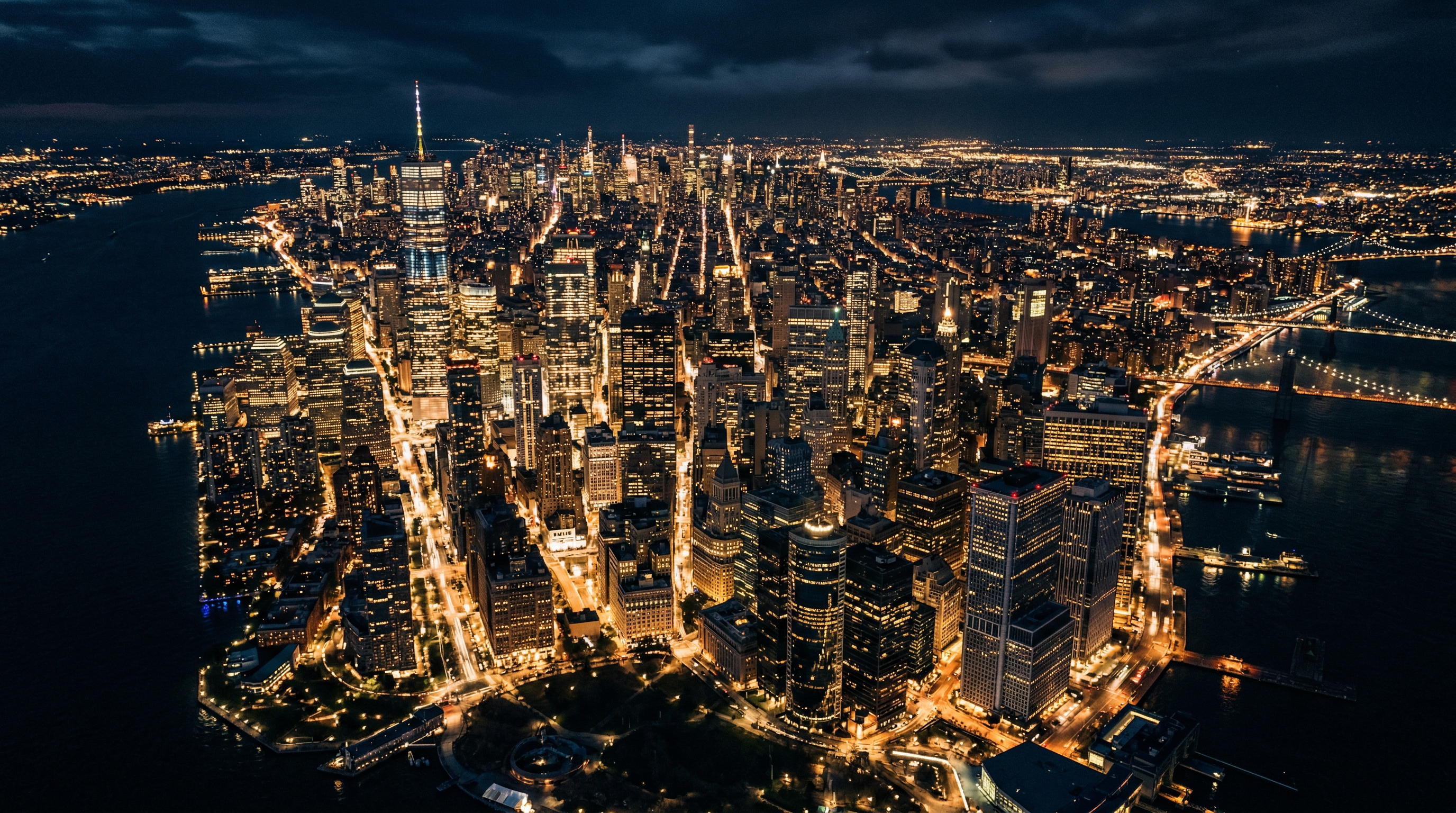 Aerial view of Manhattan at night with illuminated skyscrapers