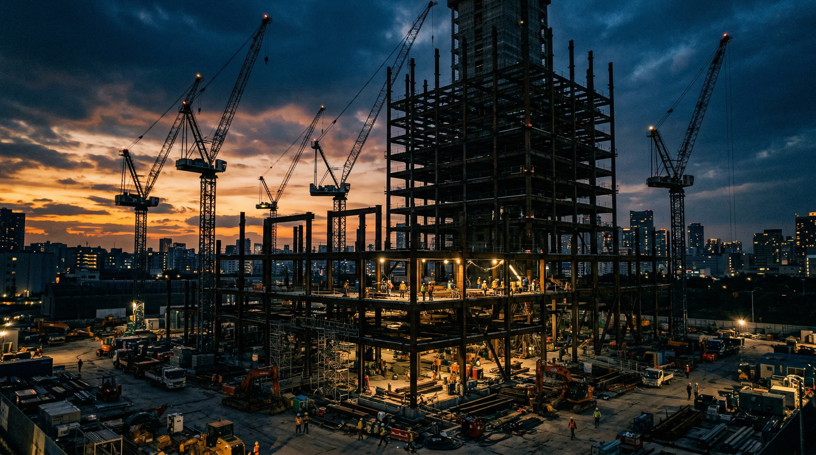 Construction site at dusk with cranes