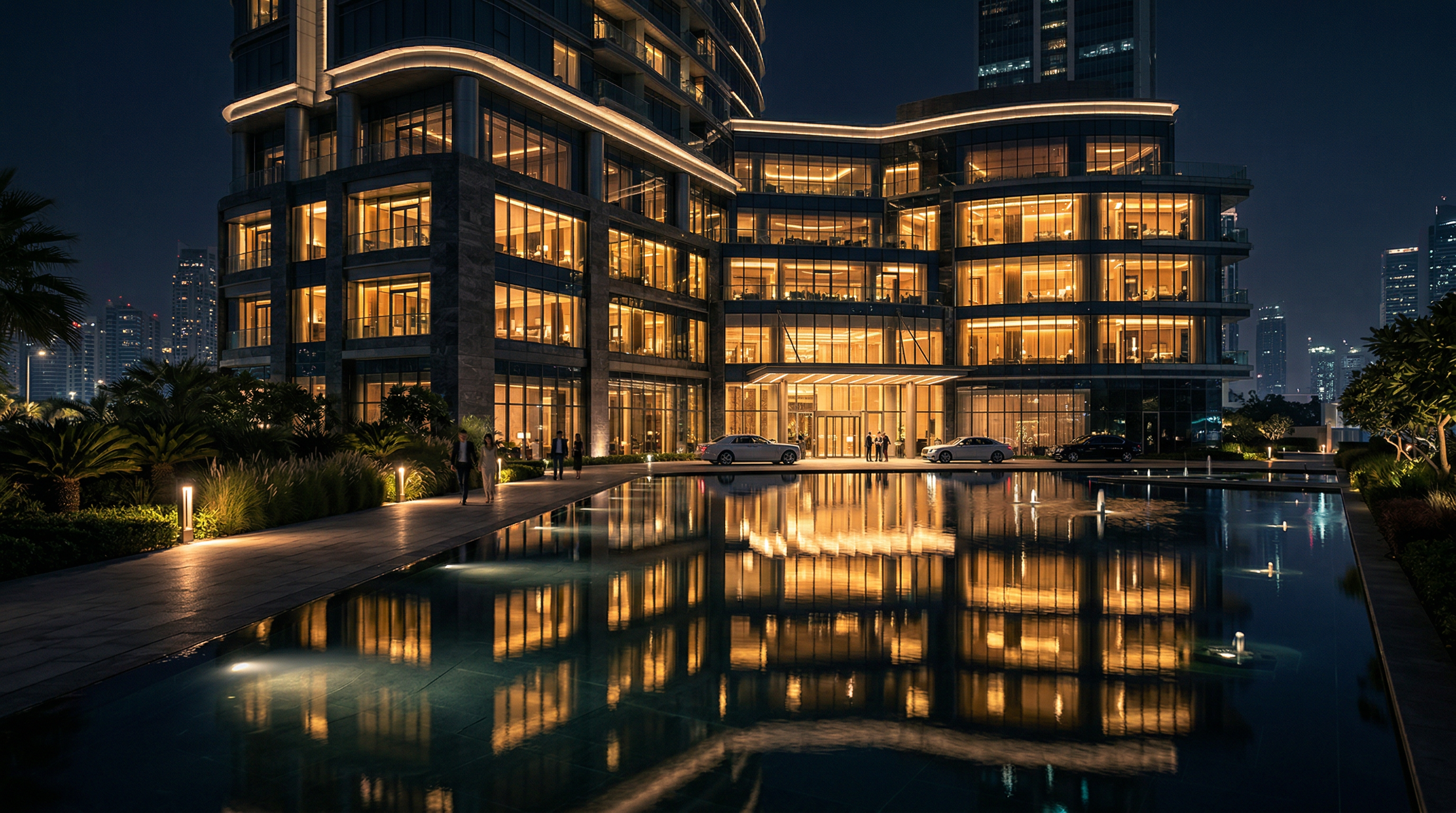 Luxury hotel property illuminated at night