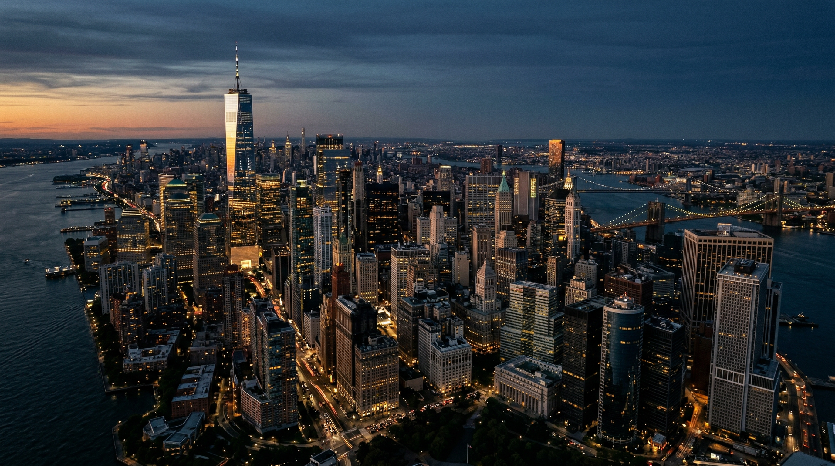 Manhattan skyline at twilight with illuminated commercial towers
